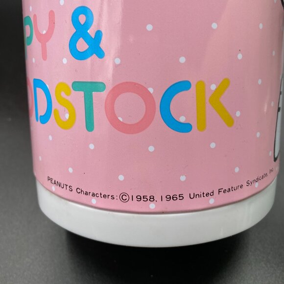 Vintage 1965 Peanuts Snoopy and Woodstock Thermos Vacuum Flask Pastel Pink VTG - Picture 8 of 12